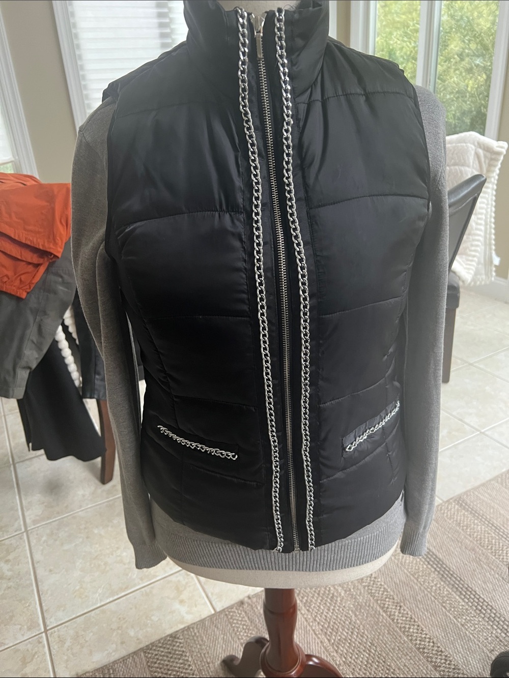 Rafaella Black Quilted Puffer Vest Chain Trim Small